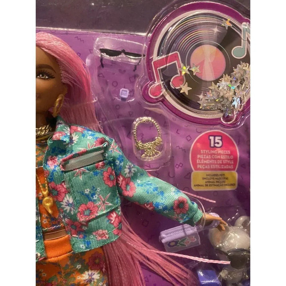 NEW Barbie Extra Doll#10 in Floral-Print Jacket And Jogger Set with DJ Mouse Pet - Picture 11 of 13